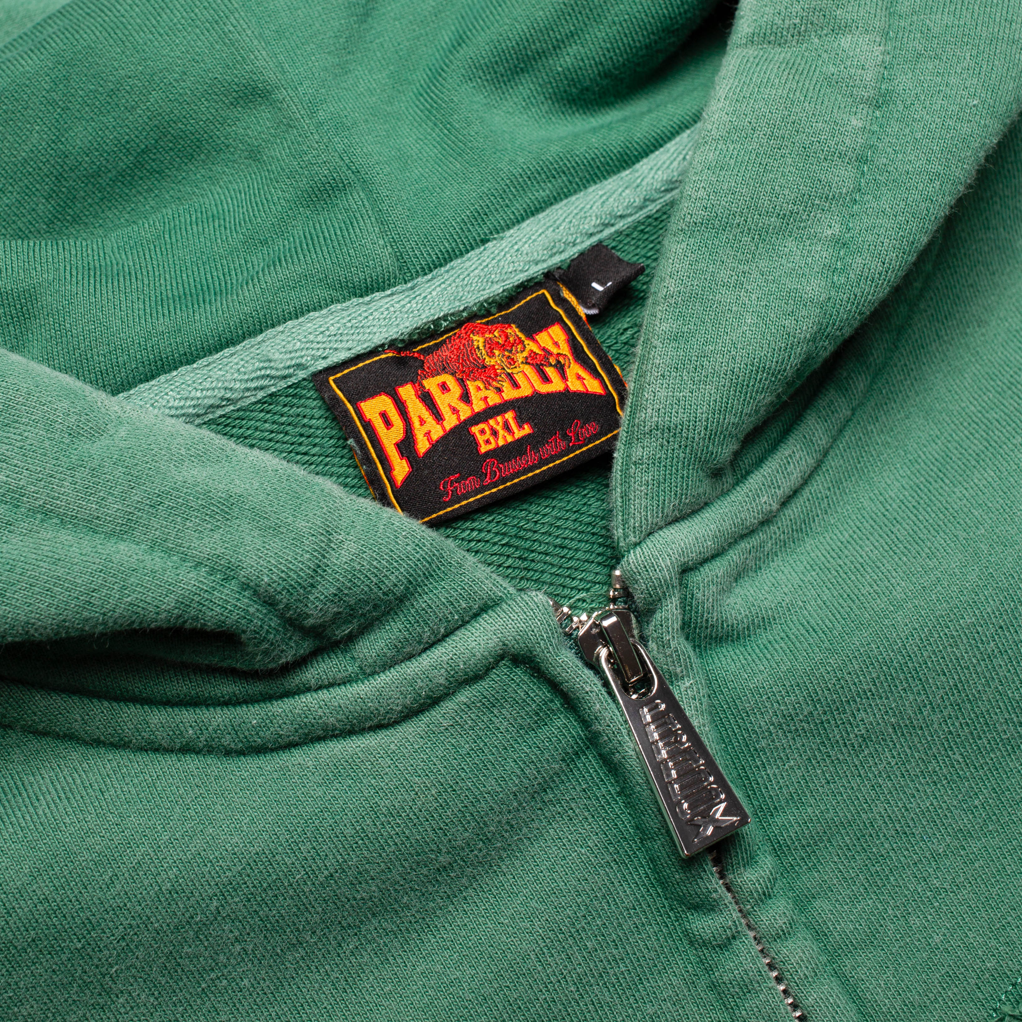 Zipper hoodie men ; zipper hoodie women ; green hoodie ; washed green hoodie ; zip-up hoodie ; cotton hoodie ; Custom zipper pull ; custom woven neck label