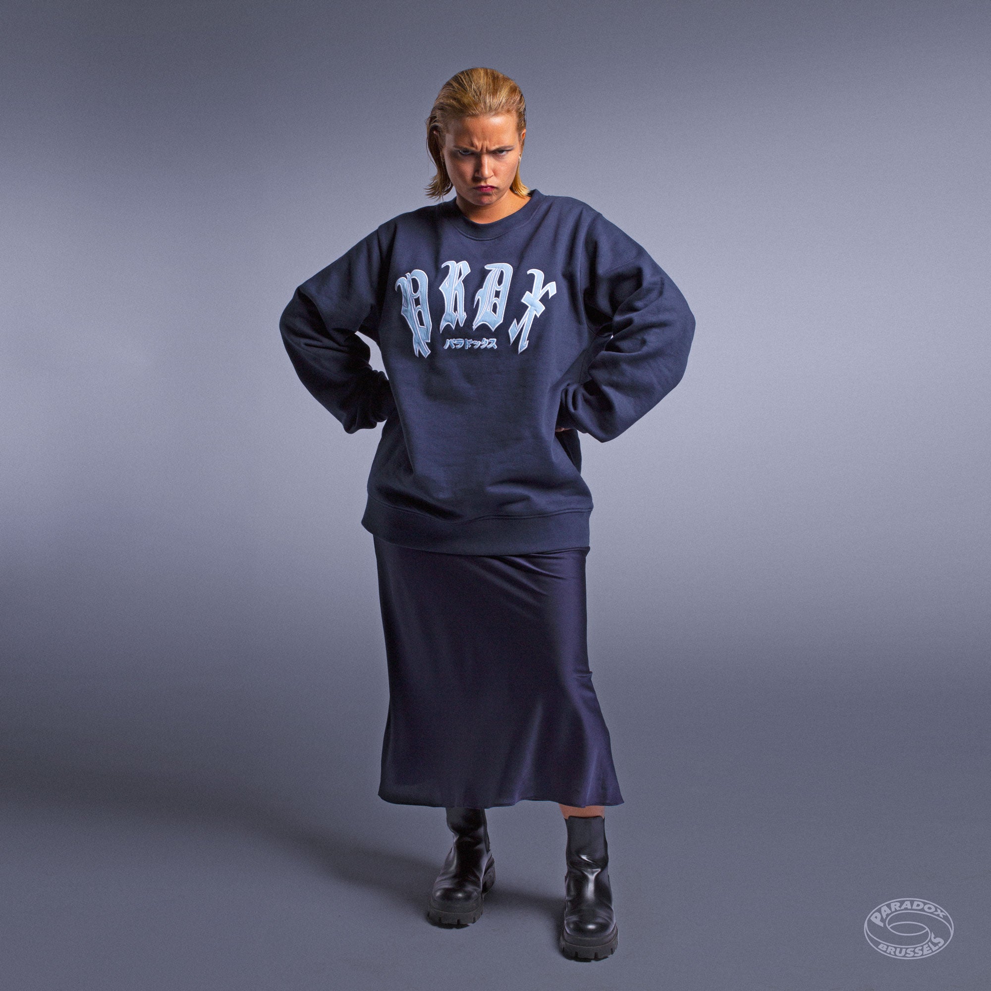 navy crewneck hoodie ; embroidered logo hoodie ; gothic typography hoodie ; graphic logo hoodie