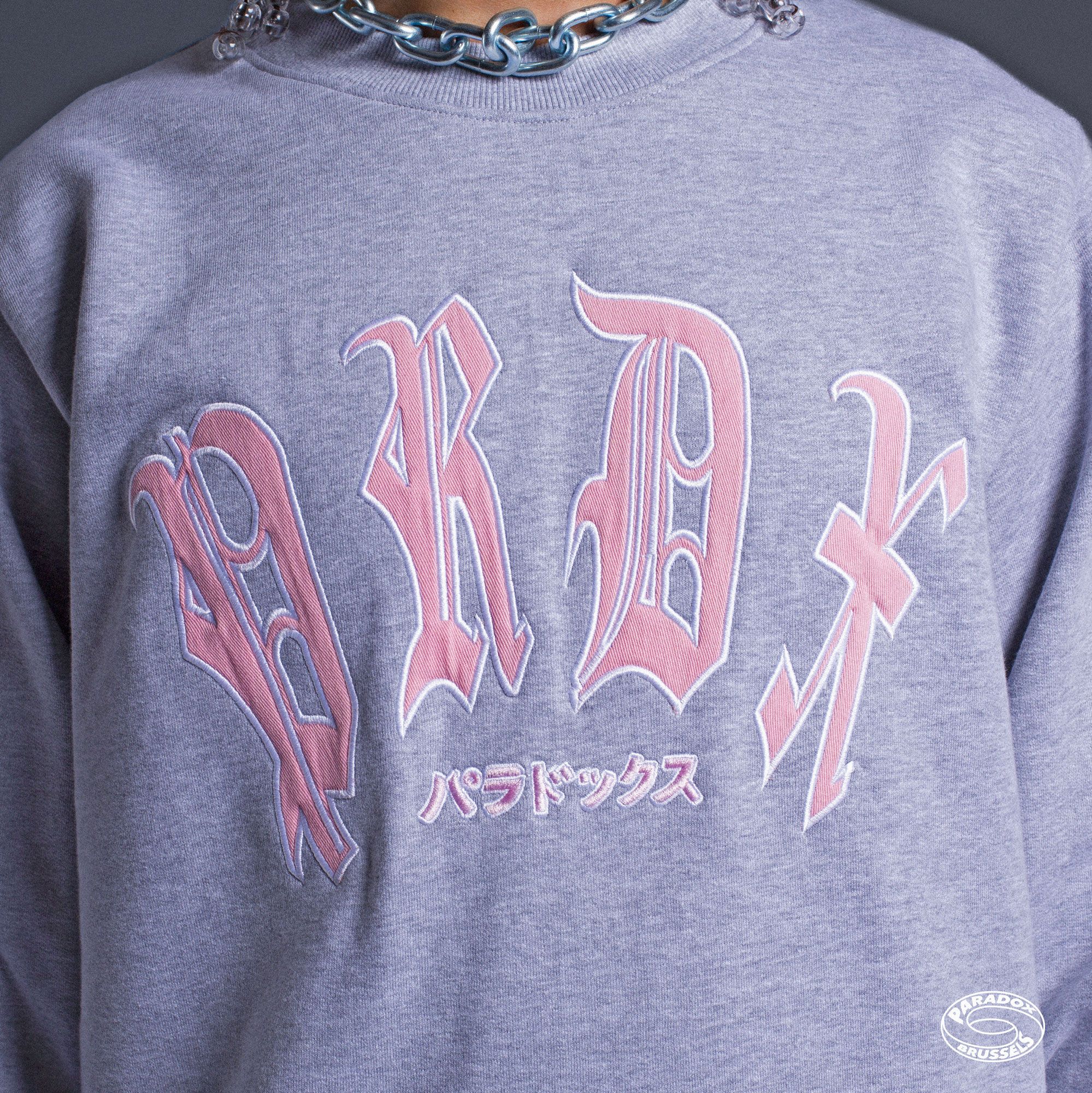 grey crewneck hoodie ; embroidered logo hoodie ; gothic typography hoodie ; graphic logo hoodie
