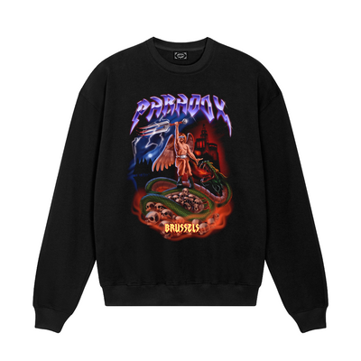 black crewneck ; print hoodie ; black graphic hoodie ; metal style hoodie ; flame trident design ; serpent skull design