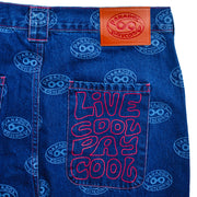 women’s jeans ; blue denim jeans ; designer jeans ; printed jeans ; relaxed fit jeans ; loose fit jeans