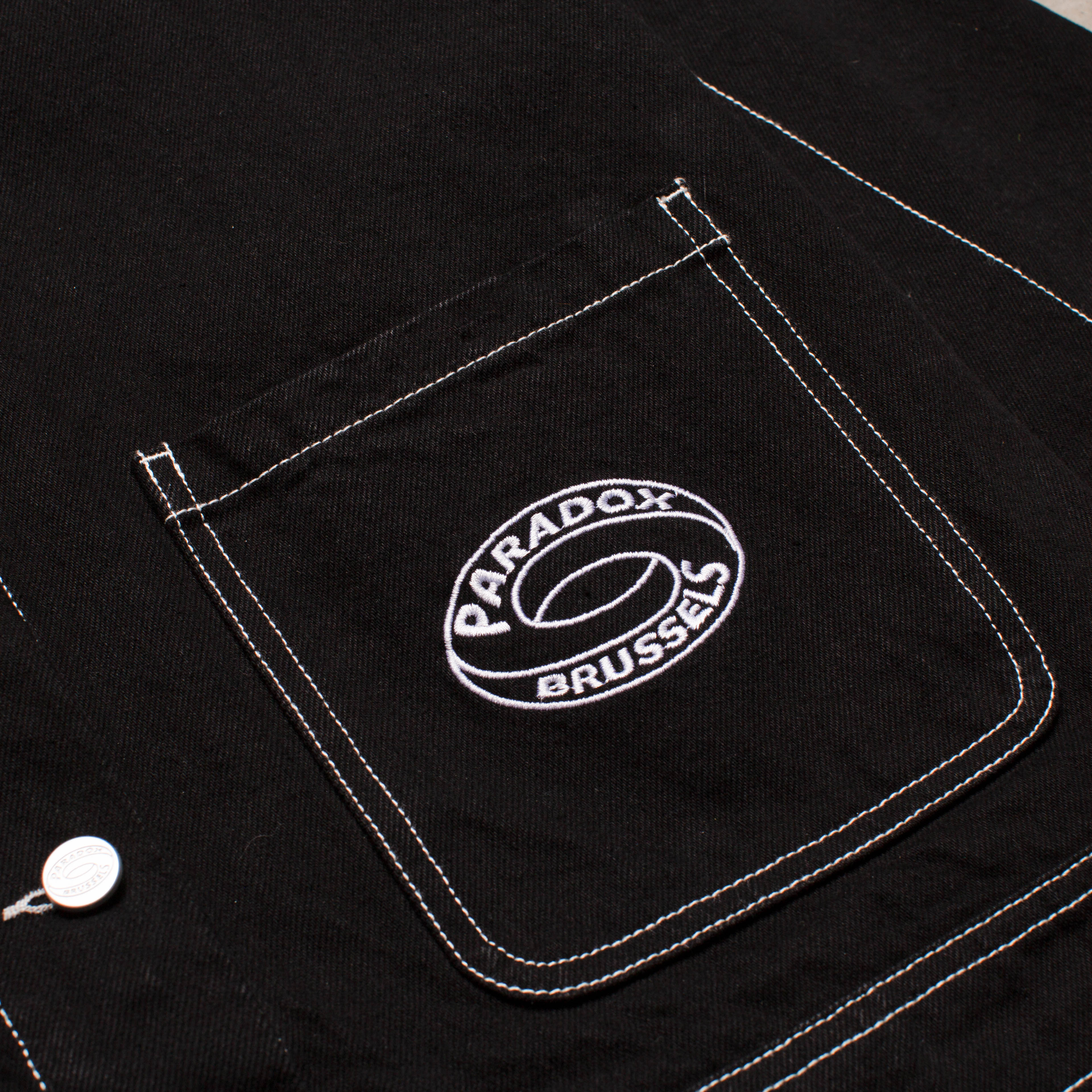 denim jacket men ; black denim jacket ; black jacket ; embroidery pocket ; white stitching