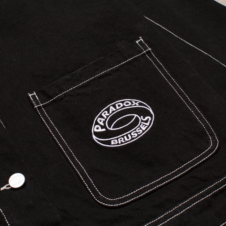 denim jacket men ; black denim jacket ; black jacket ; embroidery pocket ; white stitching