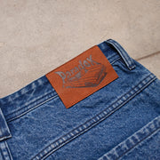 denim short men ; blue denim short ; suede patch ; suede patch back waistband
