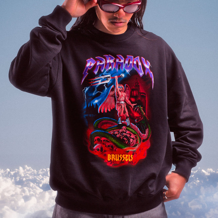 black crewneck ; print hoodie ; black graphic hoodie ; metal style hoodie ; flame trident design ; serpent skull design