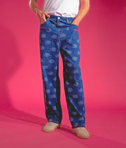 women’s jeans ; blue denim jeans ; designer jeans ; printed jeans ; relaxed fit jeans ; loose fit jeans