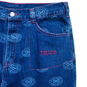 women’s jeans ; blue denim jeans ; designer jeans ; printed jeans ; relaxed fit jeans ; loose fit jeans