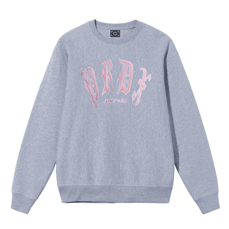 grey crewneck hoodie ; embroidered logo hoodie ; gothic typography hoodie ; graphic logo hoodie 