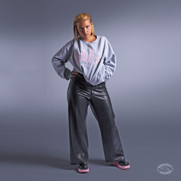 grey crewneck hoodie ; embroidered logo hoodie ; gothic typography hoodie ; graphic logo hoodie 