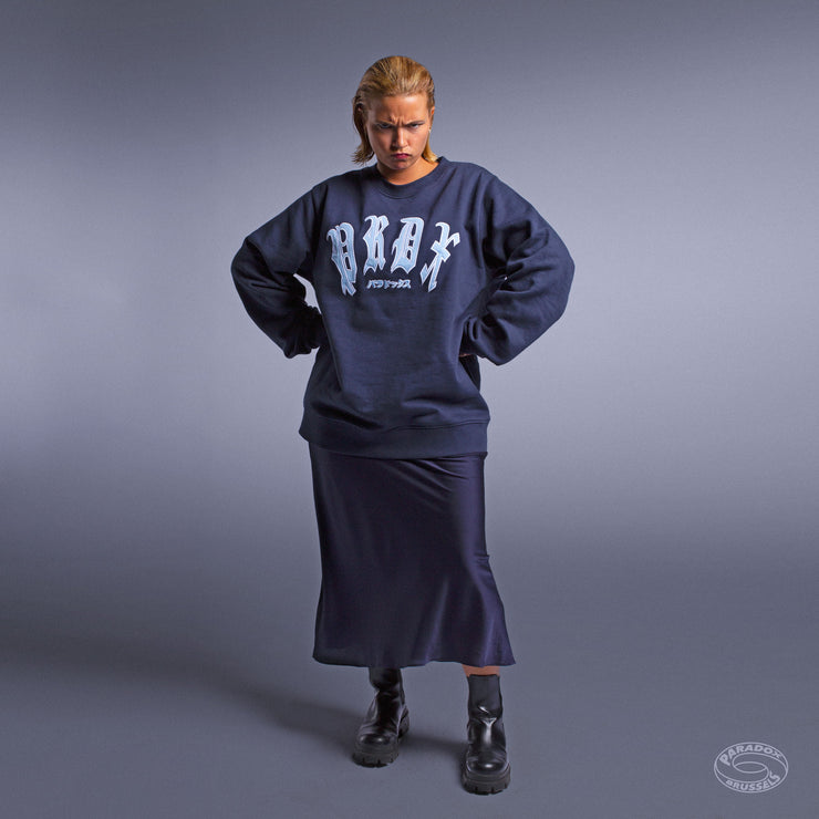 navy crewneck hoodie ; embroidered logo hoodie ; gothic typography hoodie ; graphic logo hoodie 