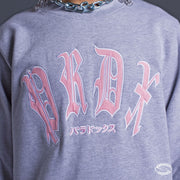 grey crewneck hoodie ; embroidered logo hoodie ; gothic typography hoodie ; graphic logo hoodie 