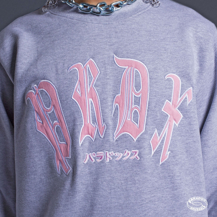 grey crewneck hoodie ; embroidered logo hoodie ; gothic typography hoodie ; graphic logo hoodie 