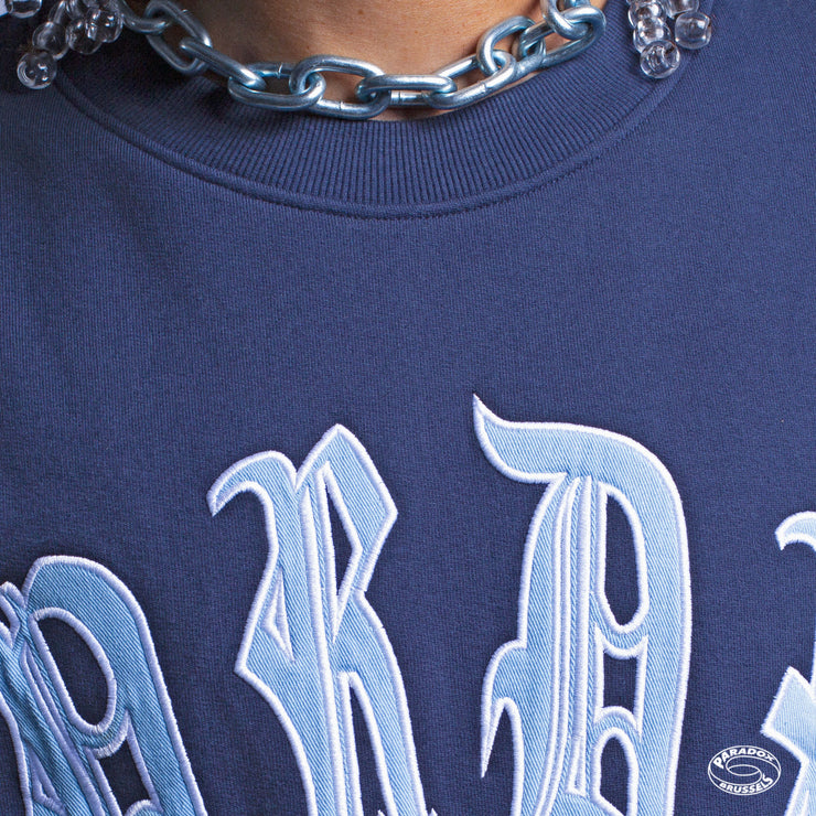 navy crewneck hoodie ; embroidered logo hoodie ; gothic typography hoodie ; graphic logo hoodie 